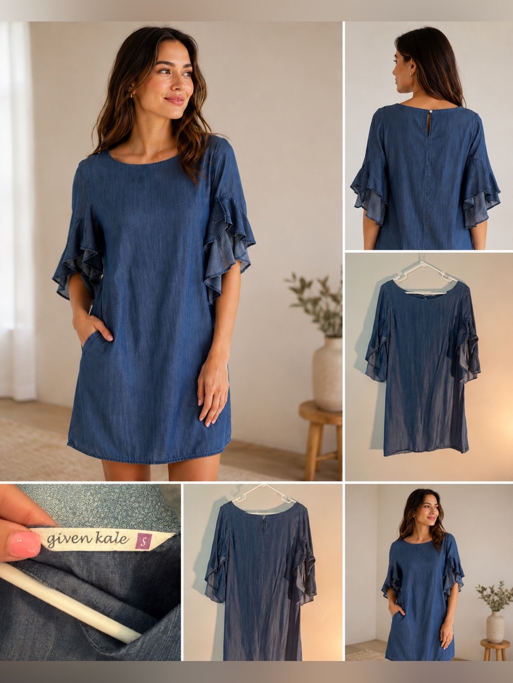 Given Kale Chambray Denim Shift Dress Flutter Sleeve Pocket S